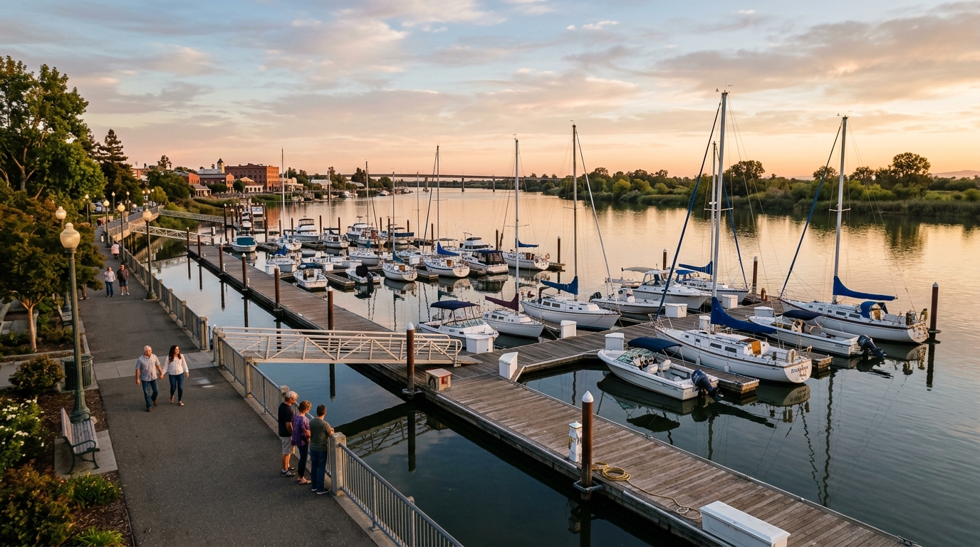 Boats and waterfront walkway at Antioch Marina