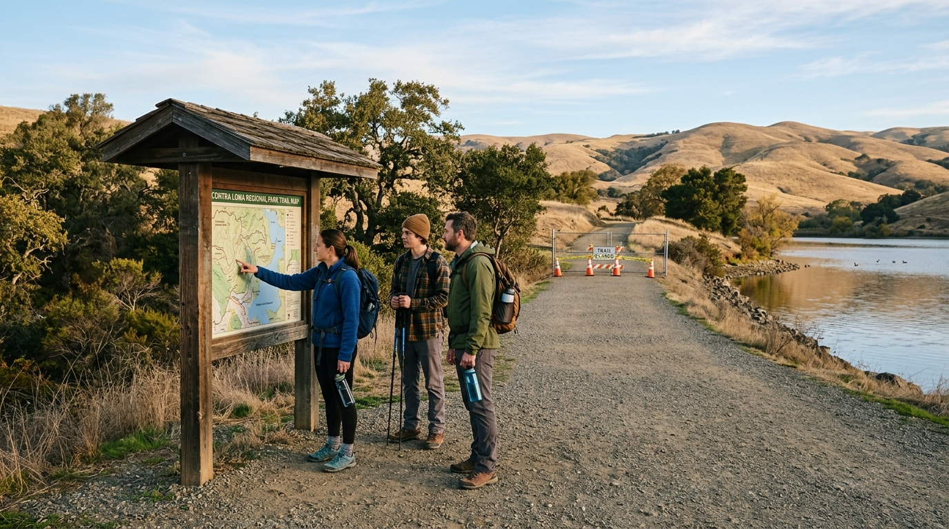Hikers checking current trail conditions at Contra Loma Regional Park