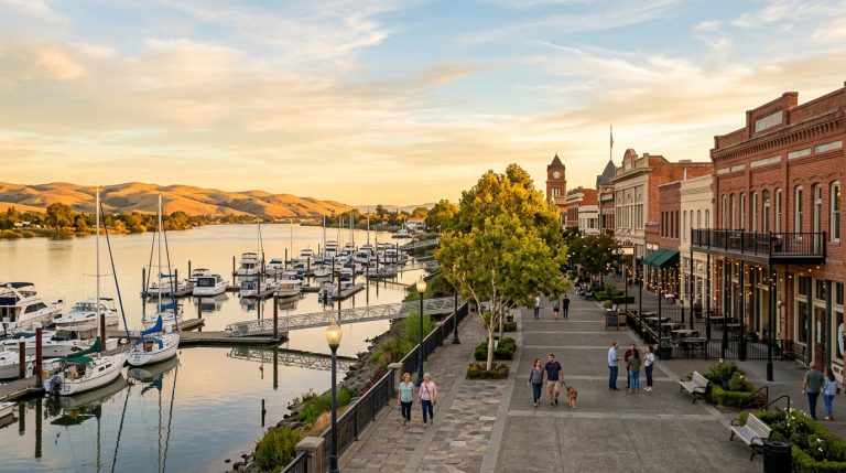Historic Rivertown and Antioch waterfront at sunset