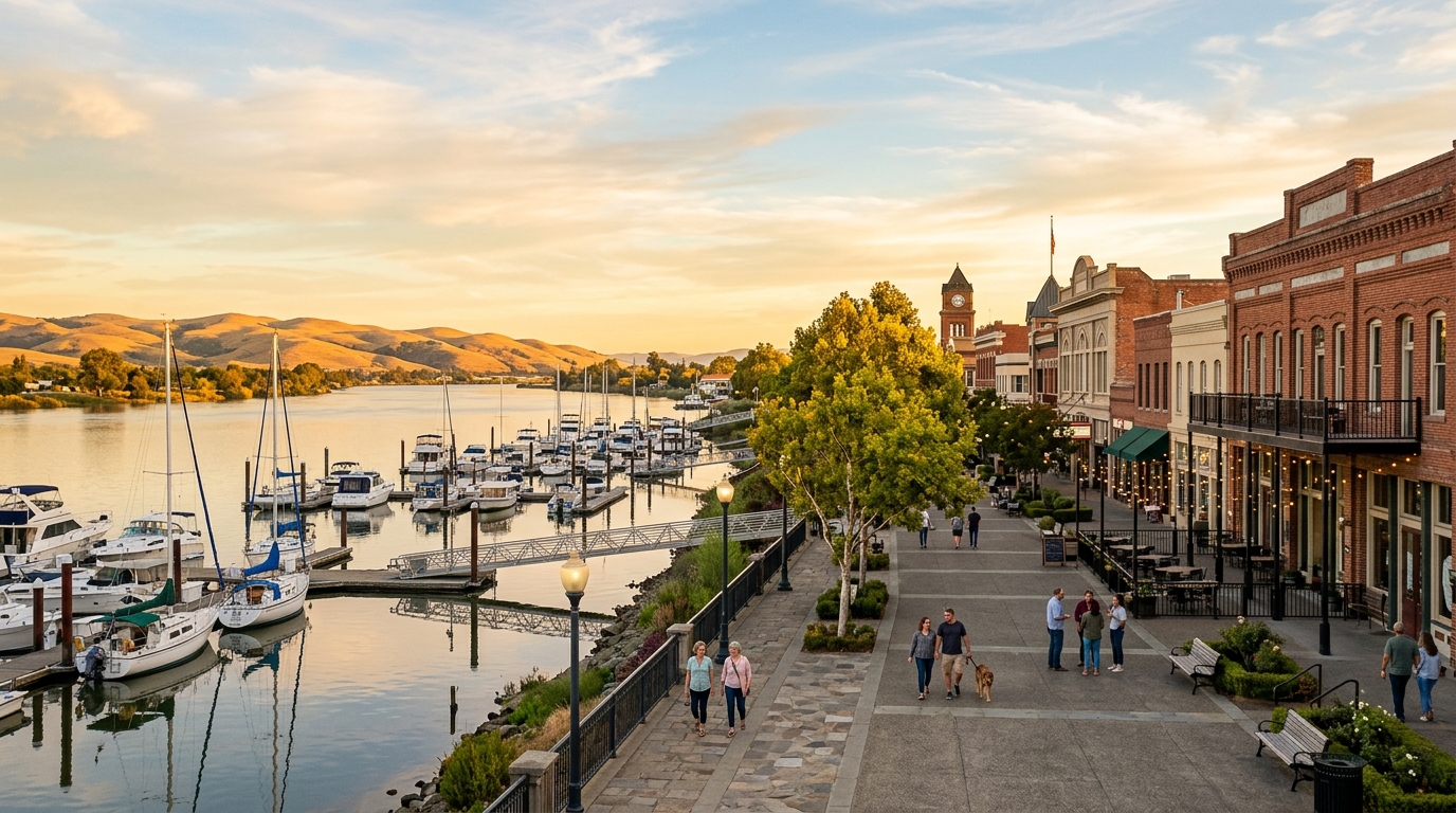 Historic Rivertown and Antioch waterfront at sunset