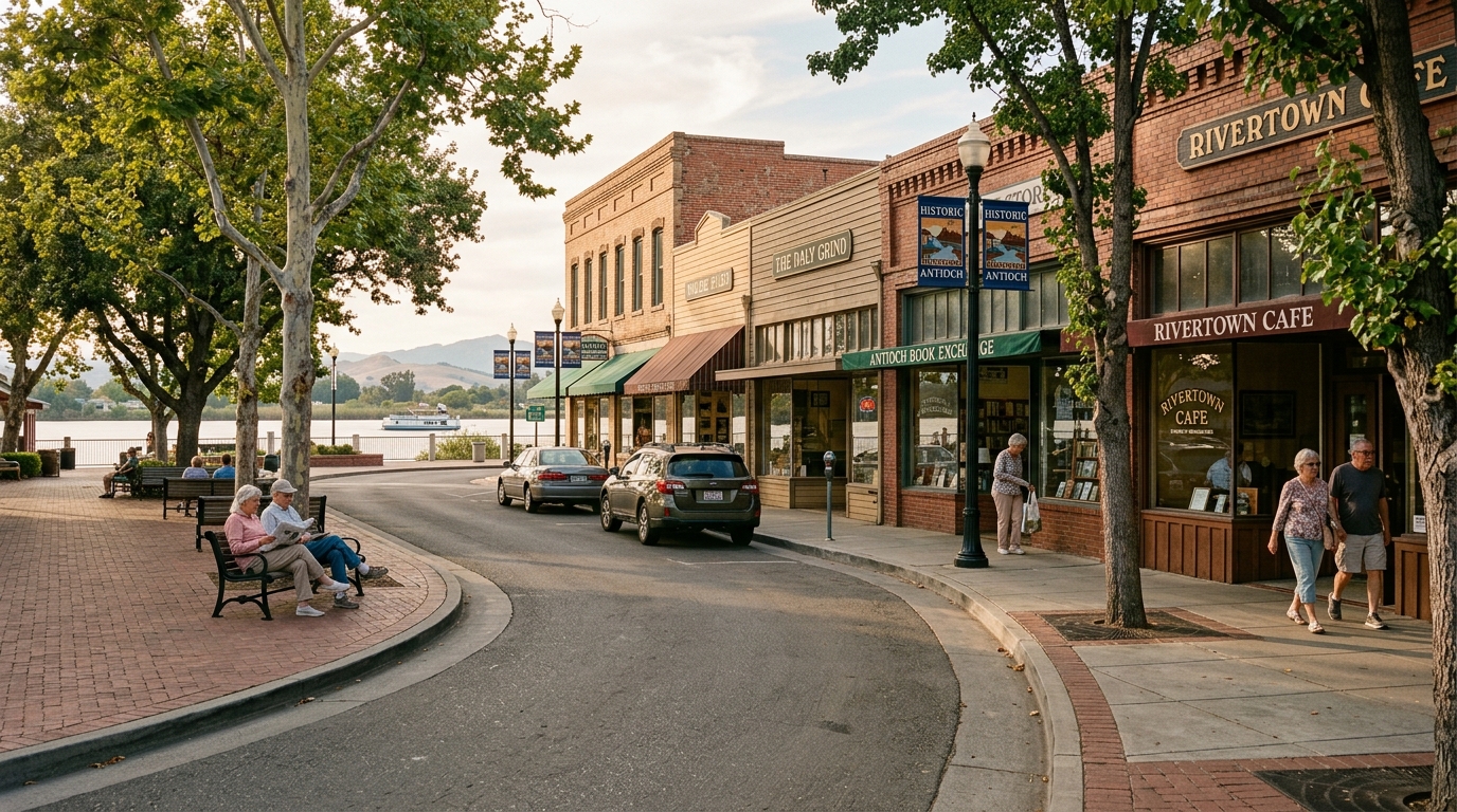 Historic Rivertown storefronts near Waldie Plaza in downtown Antioch