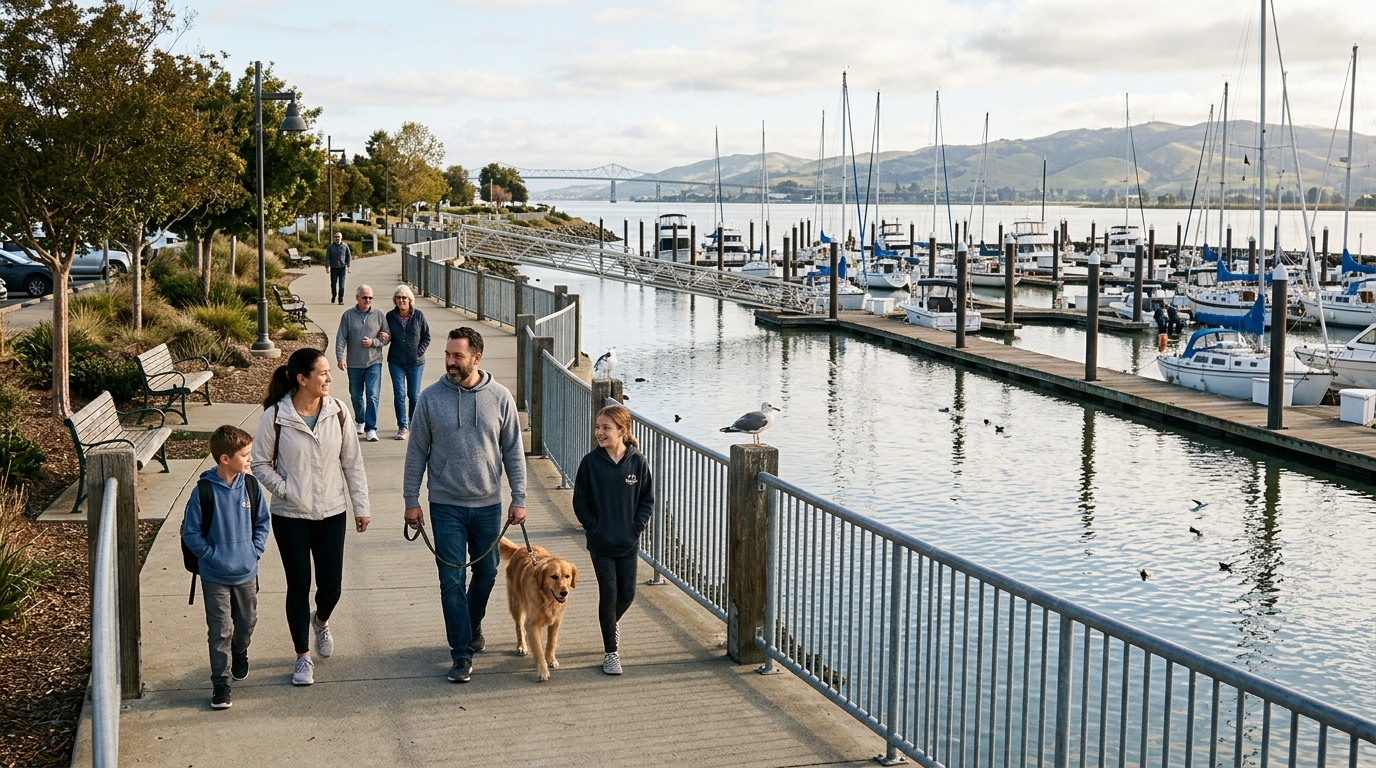 Morning walk beside Antioch Marina in historic Rivertown