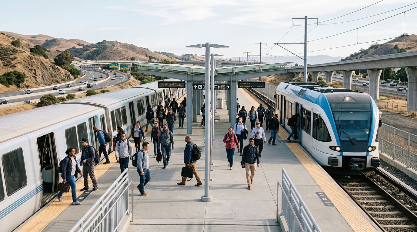 Passengers transferring between BART trains near Pittsburg