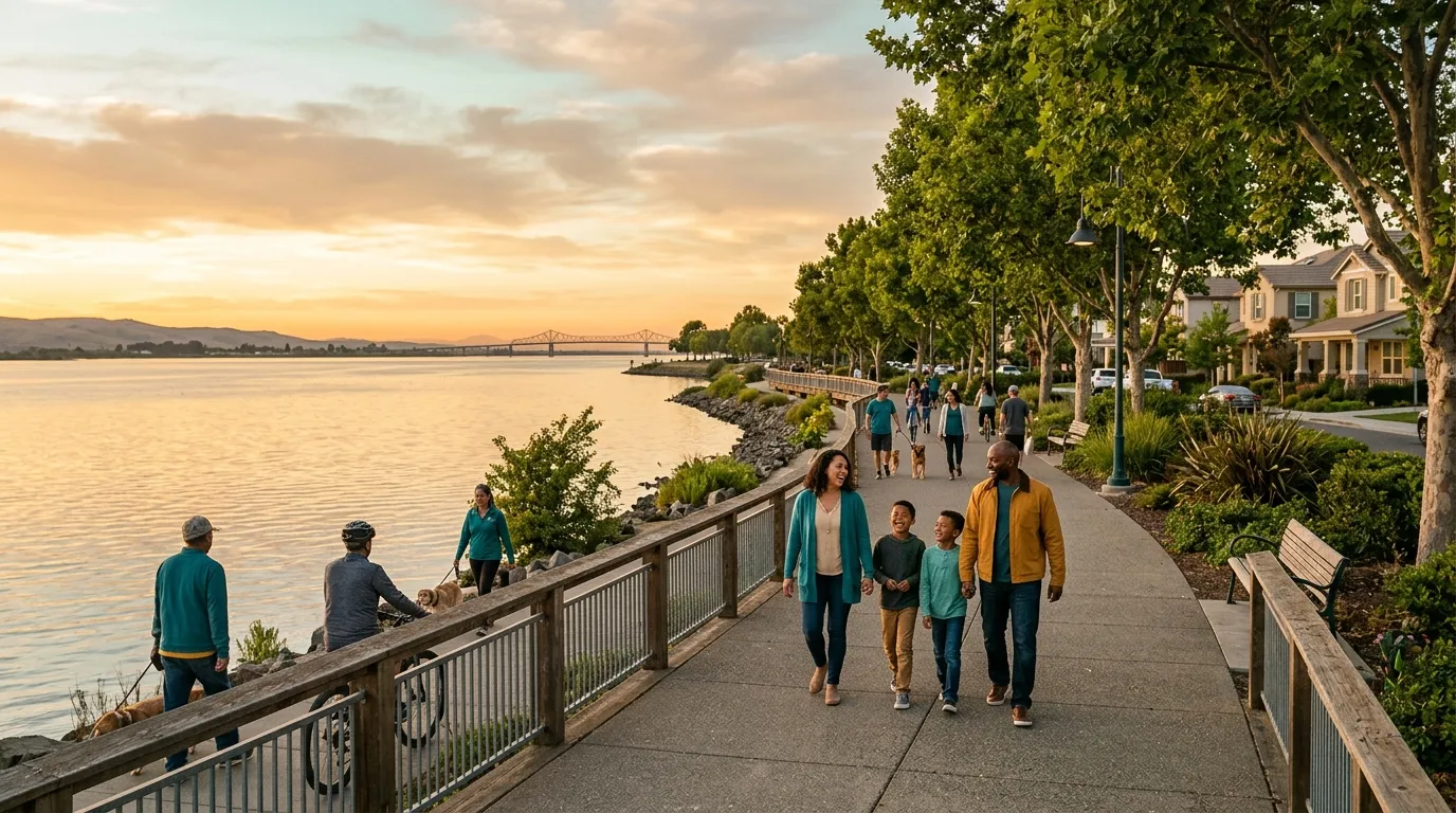 Residents enjoying Antioch’s waterfront community at sunset