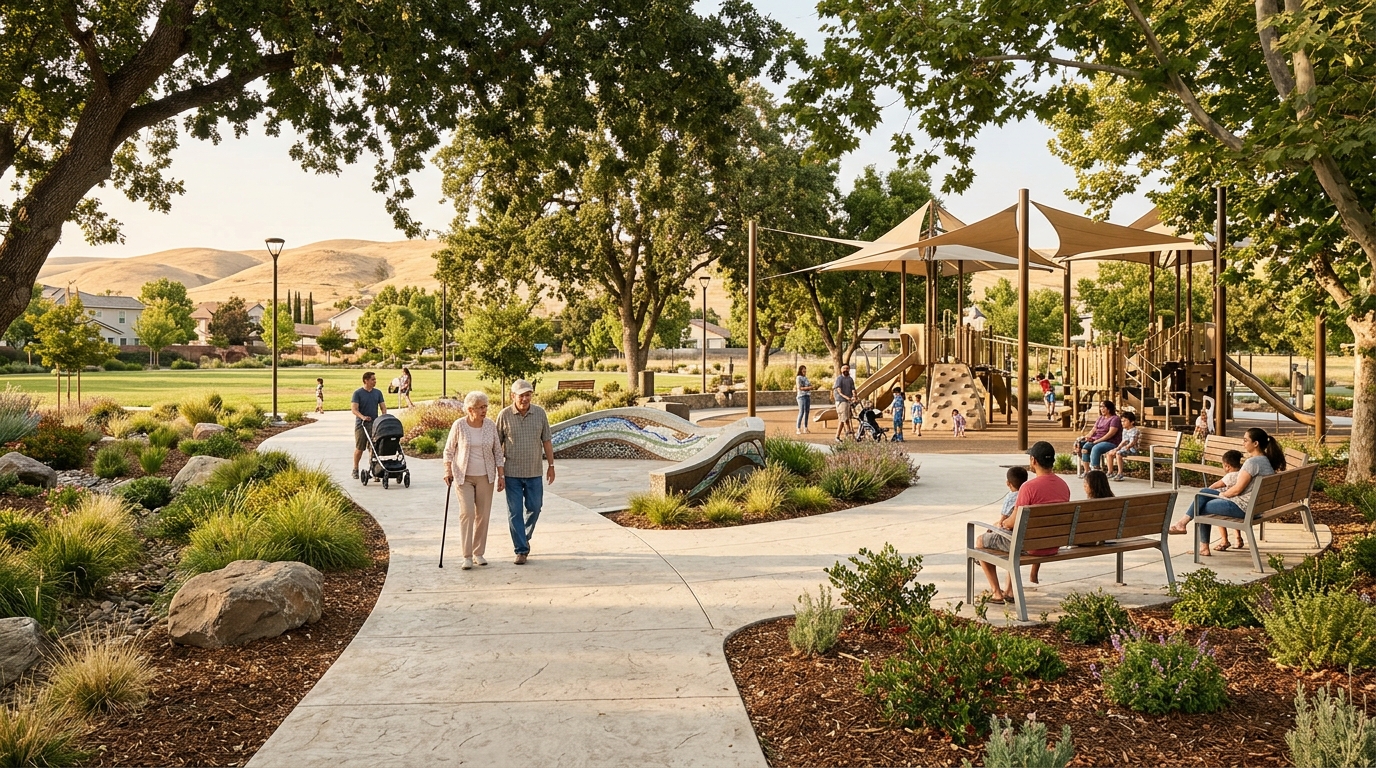 Shade landscaping accessible paths and public art in an Antioch neighborhood park